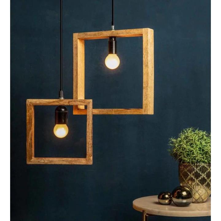 Wooden Hanging Lamp for Room - Square Shape Rustic Wood Ceiling Lights - Pendant Lamp - LED Lights