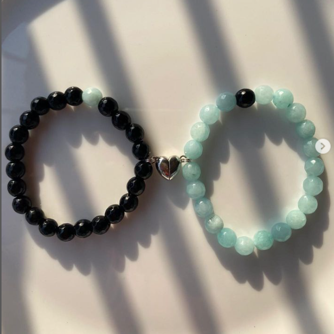 2 pcs Couple Bracelet- with metal heart connect - 8mm size beads- for boys & girls both- best for couples at long distance- blue/ evil eye/ white/ pink
