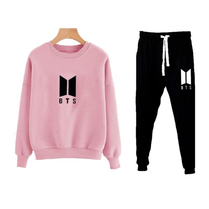 BTS Winter Collection Fleece Pink Sweatshirt And Logo Trouser Top Quality For Men