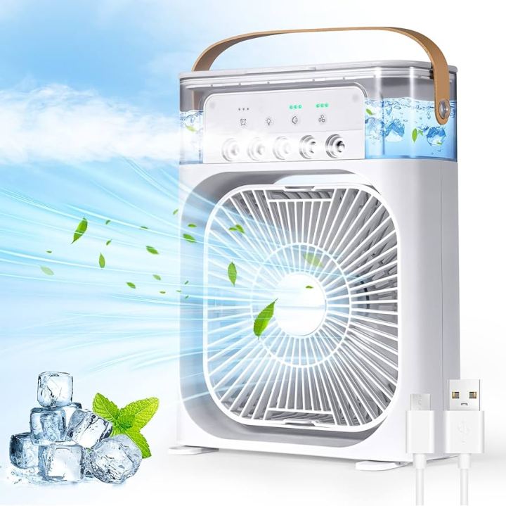 FRAKIN Cooling Fan with 7 Colors LED Light, Air Conditioner Water Fan USB Desk with 3 Sprays Personal Evaporative Air Cooler Ice Fan for Bedroom, Office