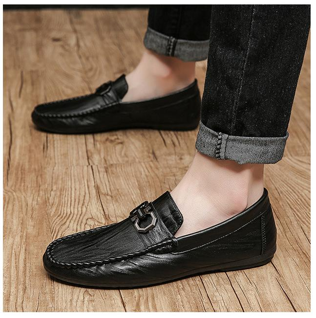 Men's Casual Leather Shoes Formal Low-cut Loafers  Slip-ons Moccasins flat borjan Black