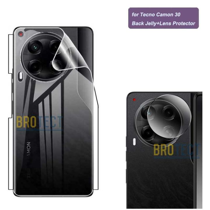 2 in 1 Tecno Camon 30 Back Jelly Protector Soft Film Protection  With Sides Cover + Back Camera Glass Protector 9H Flexible Anti-Shock Gorilla Nano Lens For tecno camon30 - Transparent
