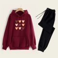 Winter Collection Multi Allover Hearts Printed Fleece Hoodies and Trouser Trendy Fashion Elegant Tracksuits Gym Sports Outdoors Casual Wear Track Suit for Women at Sahil Fashion. 