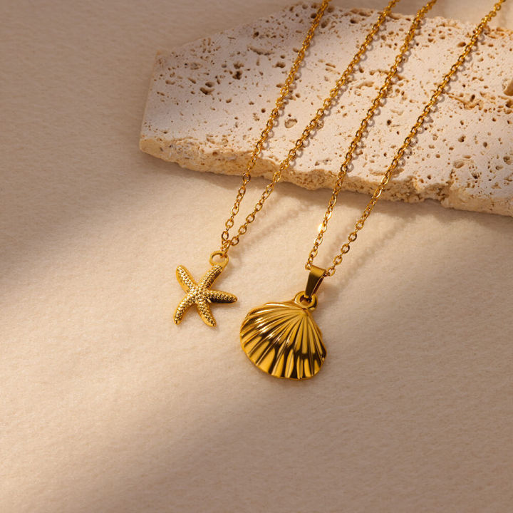 Vintage Starfish Necklaces For Women Gold Color Stainless Steel Pendant Shell Necklace Aesthetic Summer Jewelry Gift bff