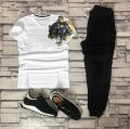 Trendy shoulder lion Tag Printed Summer Tracksuit For Men & Boys Tee-shirt with trousers New Design Round Neck Half Sleeves T Shirts Top Quality Gym Wear/Casual and comfortable Pair T-Shirt and Trouser. 
