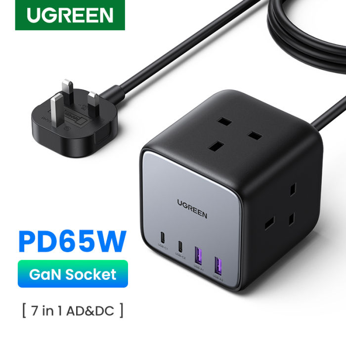 UGREEN CD268 DigiNest Cube Power Strip (3 AC outlets + 65W 2A2C) 7 USB Port Fast Charger HUB 65W Smart Wall Socket Extension Power Wall Adapter Charging HUB Power Strip Universal Charging Station Quick Charging Dock For All Brands Fast Charger With 7 USB