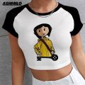 Y2k Crop Cartoon Coraline Prints Summer Tops Sexy Women Graphics Baby Tee Haruku Street Short Sleeve Skinny T-shirt Slim. 