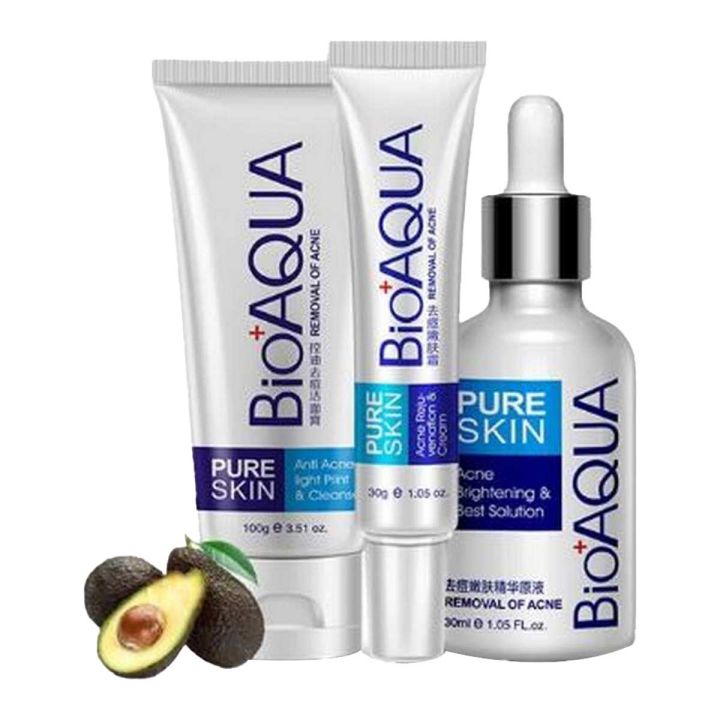 Bioaqua 3 Pcs Anti Acne Removal Face Care Acne Treatment Set Acne Set Acne Serum Acne Cream And Acne Cleanser, 100g+30g+30g