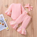 Baby Girls Autumn Outfit Sets Pink Long Sleeve O Neck Romper + Daisy Print Flared Pants + Headband. 