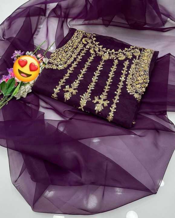 MSJ%20Fabrics%20New%20Arrival%203%20Pcs%20Fancy%20Handmade%20Embroidery%20Organza%20Unstitched%20Dress%20For%20Women/Ladies%20-%20Image%204