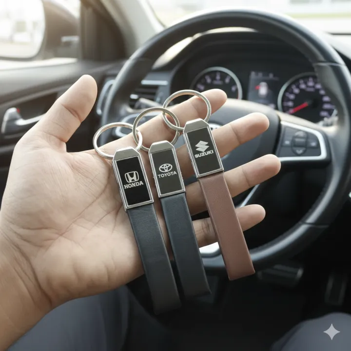 Premium Quality Car Logo Keychain | Metal & Leather Strap Key Ring for ...