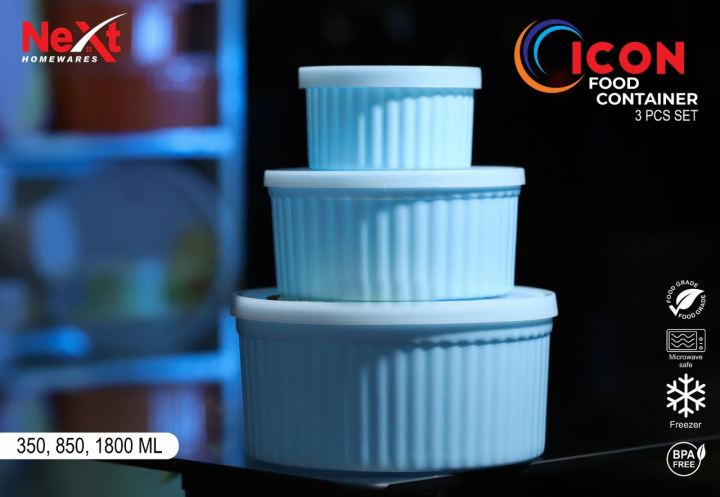 Icon Food Container Set - Microwave Safe, Freezer Friendly, BPA Free - 3 Pieces (350ml, 850ml, 1800ml)