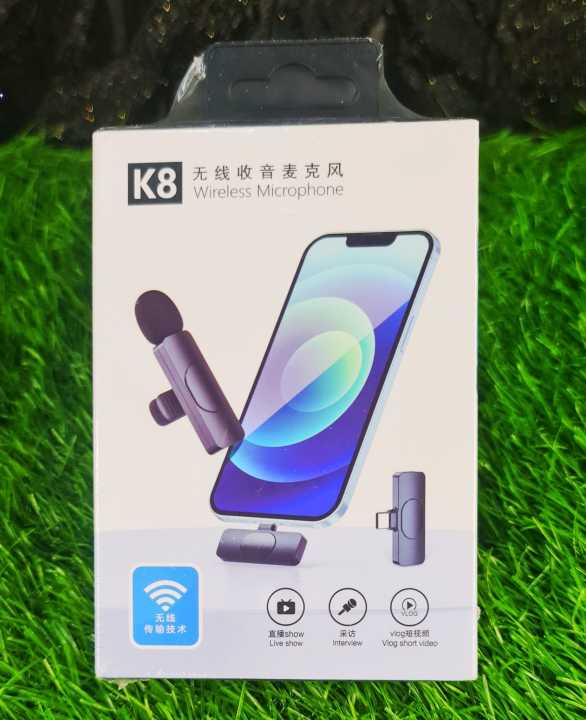 Wireless MIC K8 MICROPHONE Vlogging Mic with Microphone Accessories  Video for Type C Android, IOS Lightining & 3.5mm Jack