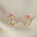 Korean Jewellery Blossom Pink Flower Zircon Stud Earrings for Girls | S925 Needle | S925 Needle Earings For Birthday Wedding Anniversary | For All Occasions. 