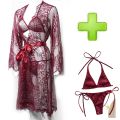 3-Piece Bridal Silk Nighty Set – Maroon Gown with Bikini. 