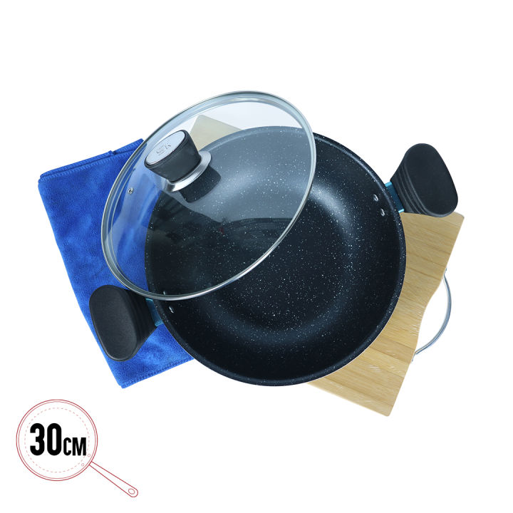 SK Cookware 30 cm Marble Coated Wok (Karahi) with Glass Lid (Wok Only)