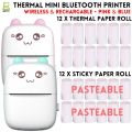 Pocket Inkless Mini Printer - 12 x Sticky Paper Roll & 12 x Thermal Paper Roll - Thermal Portable Bluetooth Wireless Mini Printer For Kids - For Photo, Picture, Office Receipt, Label Note, QR Code - Compatible With IOS & Android - Pink & Blue. 