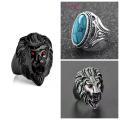 Pack of 3 Vintage Style Punk Rock Rings For Men silver & black lion head ring and blue Turquoise stone Ring. 