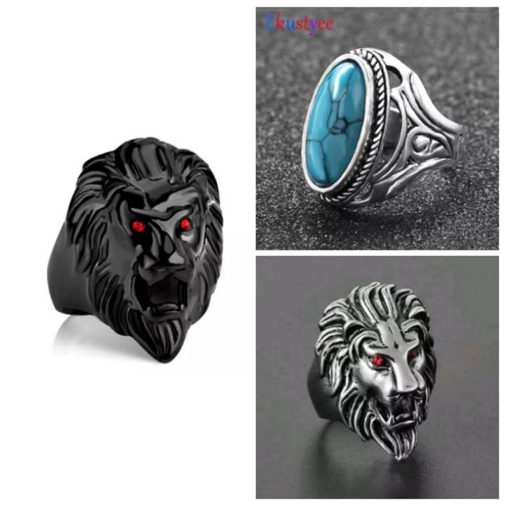 Pack of 3 Vintage Style Punk Rock Rings For Men silver & black lion head ring and blue Turquoise stone Ring