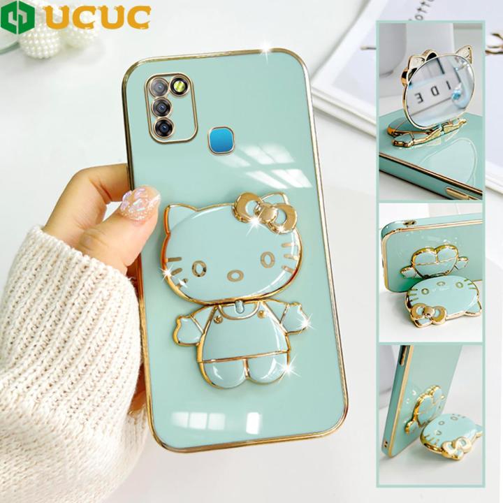 UCUC for Infinix Smart 5 / X657 / X657B / X657C Back Cover Cute kitty Mirror Multifunction Folding Bracket Luxury 6D Plating Case Soft Silicone Square Phone Cases for Boys for Girls