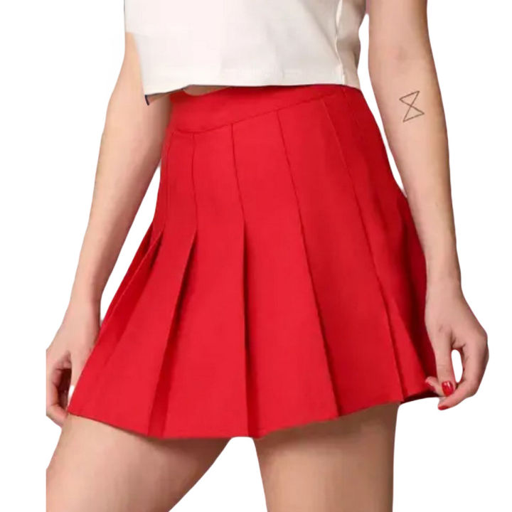 Women's High Waisted Pleated Skirt Casual Dress, School Uniform, Red Cotton Polyester Material, Side Zipper, Non Stretchable, Machine Washable