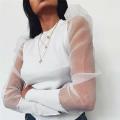 beautifullady Fashion Women Puff Long Sleeve T-shirt Tops Shirts See through Sheer Mesh Blouse. 