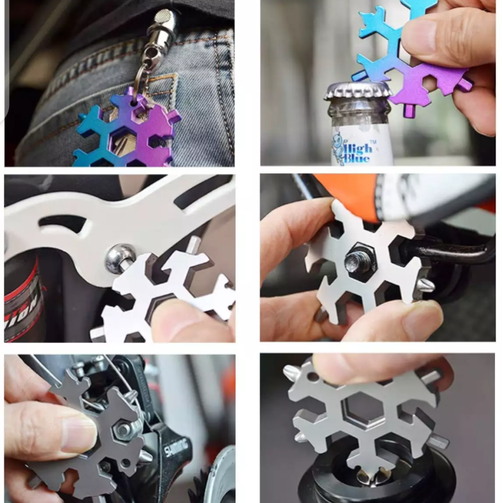 18 In 1 Snowflake Multi Tool Stainless Steel Snowflake Bottle Opener Flat Phillips Screwdriver Kit Wrench Durable and Portable Travel Great Gift Standard SS Snowflake Multitool 1 Pcs Snow Flake Keychain Multitool Complete Tool Set