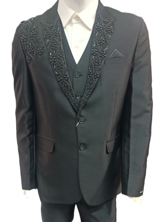 men three piece fancy black pentcoat suit