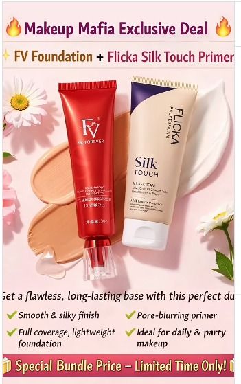 FV Foundation + Flicka Silk Touch Primer | Flawless Makeup Base Combo | Lightweight Full Coverage Foundation & Hydrating Pore‑Blurring Primer | Long‑Lasting Smooth Finish | Suitable for All Skin Types | Cruelty‑Free Beauty Set
