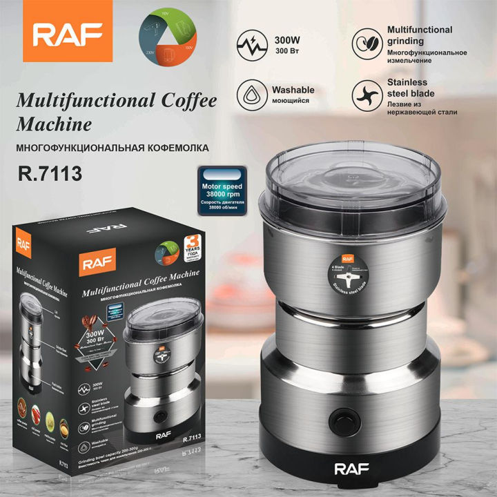 RAF Mini Electric Grinder 4 Blades Stainless Steel 100% Original High Premium Quality - Nima Nuts, Bean, Spices, Masala Coffee Blender - 300W Masala Grinder Multifunctional Machine - Food Preparation