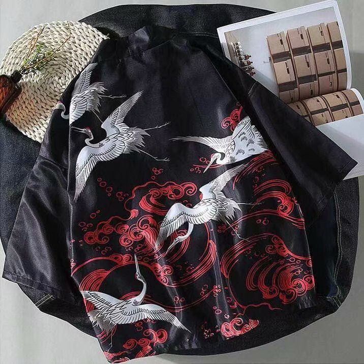 Casual Kimono Haori For Men Japanese Fashion Male Kimonos Samurai Crane Printed Shirt Men's Plus Size Clothes