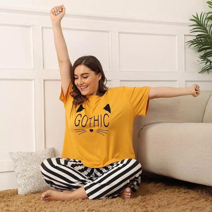 Yellow GOTHIC Printed Design Stylish Full Sleeves Round Neck Night Suit For Ladies,Girls and Women (SN-11)