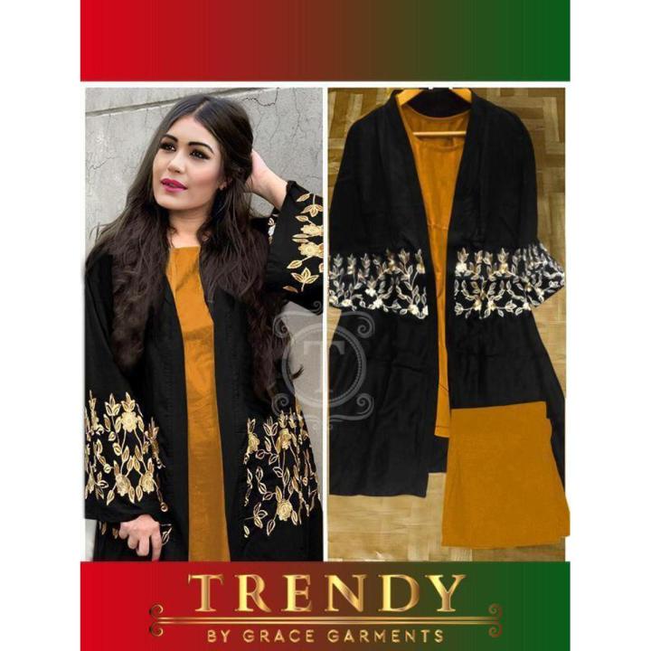 Embroidered Black Color Gown With Different Inner & Trouser Colors For Girls & For Women