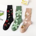 【Good-Love Store】New Cozy Breathable Combed Cotton Cute Sweet Green Khaki Black Flower Autumn Winter Tube Casual Socks Sokken. 