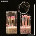 Acrylic Makeup Brush Holder With Pearls, Cosmetic Brush Case With Dustproof Lid, Countertop Brushes Holder. 