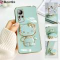 Jizetin for Infinix Note 11 / Note 12 G88 / X663 Back Cover + Mirror + Hello Kitty Bracket 360 Rotation Luxury Plating Fashion Holder Phone Cases. 