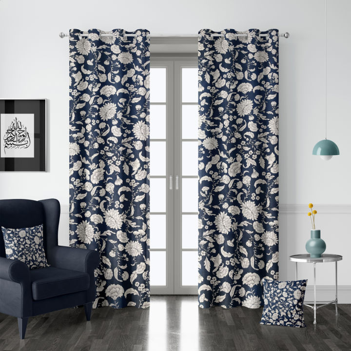 Blue and White Floral Print Curtains for Living Room Bedroom Wide Style ...