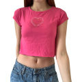 Women's Crop Tops, Round Neck Cap Sleeve Love-Heart Rhinestone Casual T-shirts, Pink. 