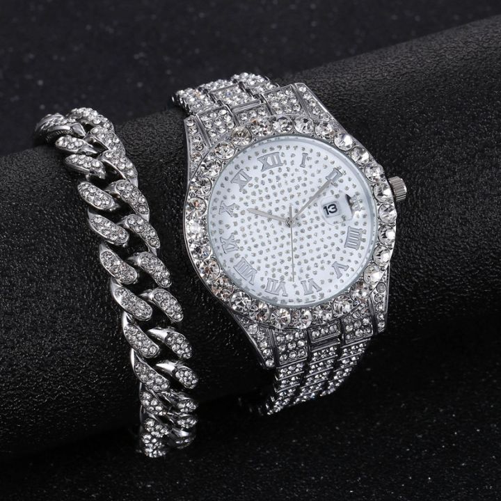 【Can last for 10 years】 TEMU Diamond Hip Hop Steel Strap Watch   Cuban Bracelet with Street Trend Men's Watch