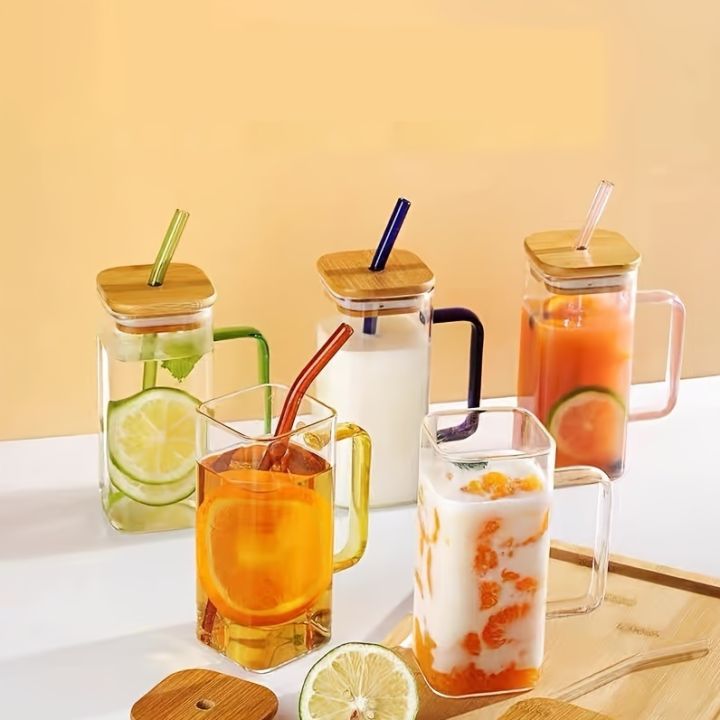 Techmanistan Random Color 400ml Square Glass Mug With Handle, Straw & Wooden Lid, Drinking Glass, Adorable Glass Cups with Lids and Straw, Glass Tumbler Coffee Cup Coffee Mug