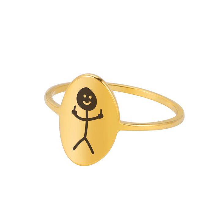 BINSHUO Wholesale Custom Stainless Steel Jewelry Elliptical Smooth Laser Engraving Cartoon Stick Figure Smiling Stickman Ring
