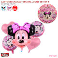 Minnie Mouse & Mickey Mouse Set of 5 Pcs Printed Chrome Metallic Foil Balloons Set For Baby Girl & Boy Reusable Balloon For Birthday Parties Decoration, Theme Party Supplies, PreSchool Class Theme Kids Born Day, Princess King Birth Day Helium Baloons Set. 