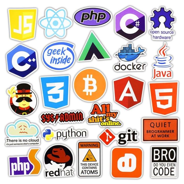 Programming Language Logo Cool Stickers for Laptop DIY Stickers Internet Java JS Php Html Cloud Docker - Pack of 26