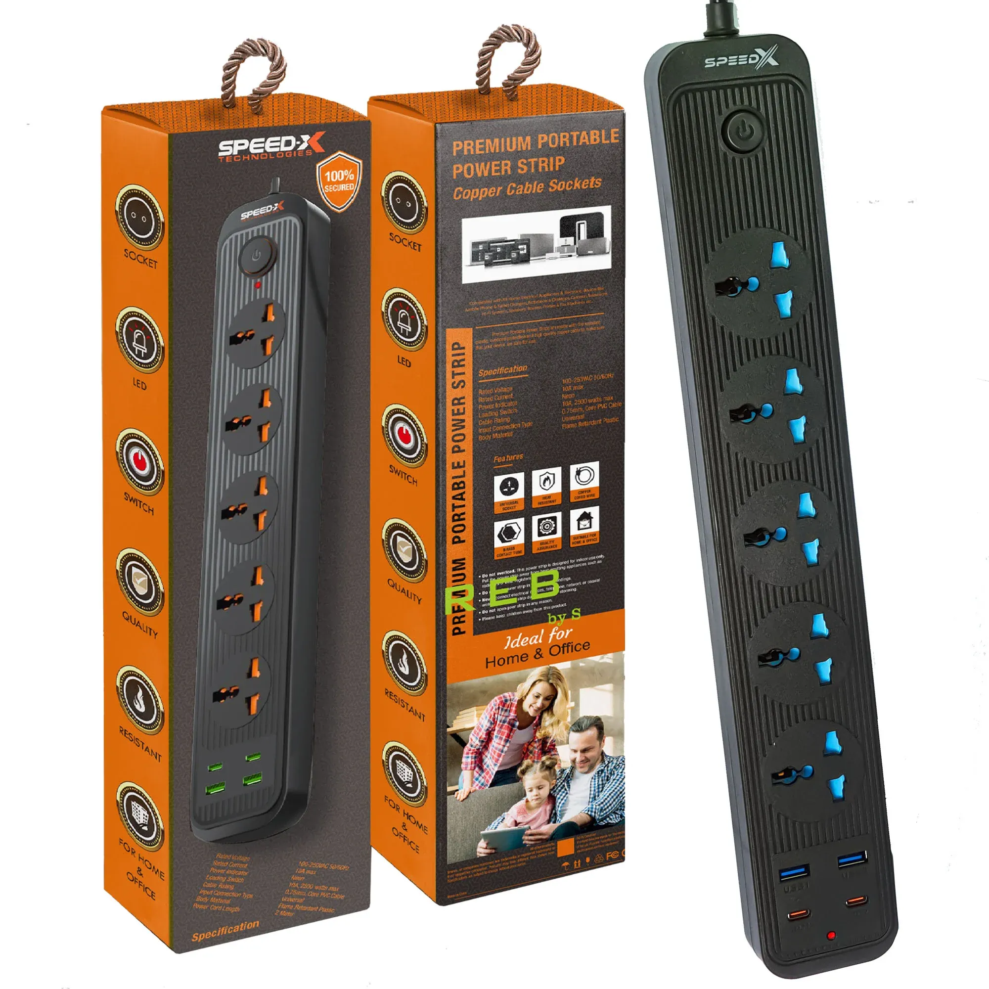 504pu Speed-X Premium Portable Power Strip 5socket+2usb Port+2 TYPE C ...