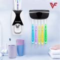 Plastic Set of Toothpaste Dispenser & Toothbrush Holder - White Automatic Tooth paste Dispenser and Tooth brush Holder Set  Wall Mounted Toothpaste Dispenser with 5 Toothbrush Holder Set  Toothpaste Squeezing Machine  Tooth brush Holder. 
