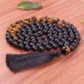 ST0613 Mens Mala Beads 108 Necklace Meditation Beads Tiger Eye Black Onyx Necklace Knotted Tassel Necklaces Mens Jewelry Gift. 