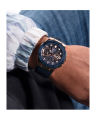 Guess Mens Rose Gold Stainless Steel Case With Day+Date Blue Dial Navy Blue With Blue Stitches Silicone Band Watch-GW0487G4. 