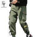 Sunnyheart Men Cargo Pants Side Pockets Stretchy Waist Drawstring Strap Decor Ankle-banded Jogger Pants Daily Clothes. 