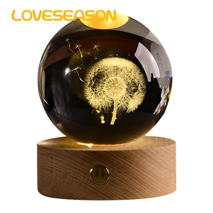 Faux Crystal Ball Decoration 3d Engraved Solar System Planet Night Light with Wooden Base Unique Led Lamp for Desktop Decoration Birthday Gift Fake Crystal Home Decoration