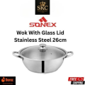 Sonex Original Stainless Steel Mega Wok/Karhai With Glass Lid – Heavy Gauge Double Bottom, Multiple Sizes Available (Premium Cookware). 